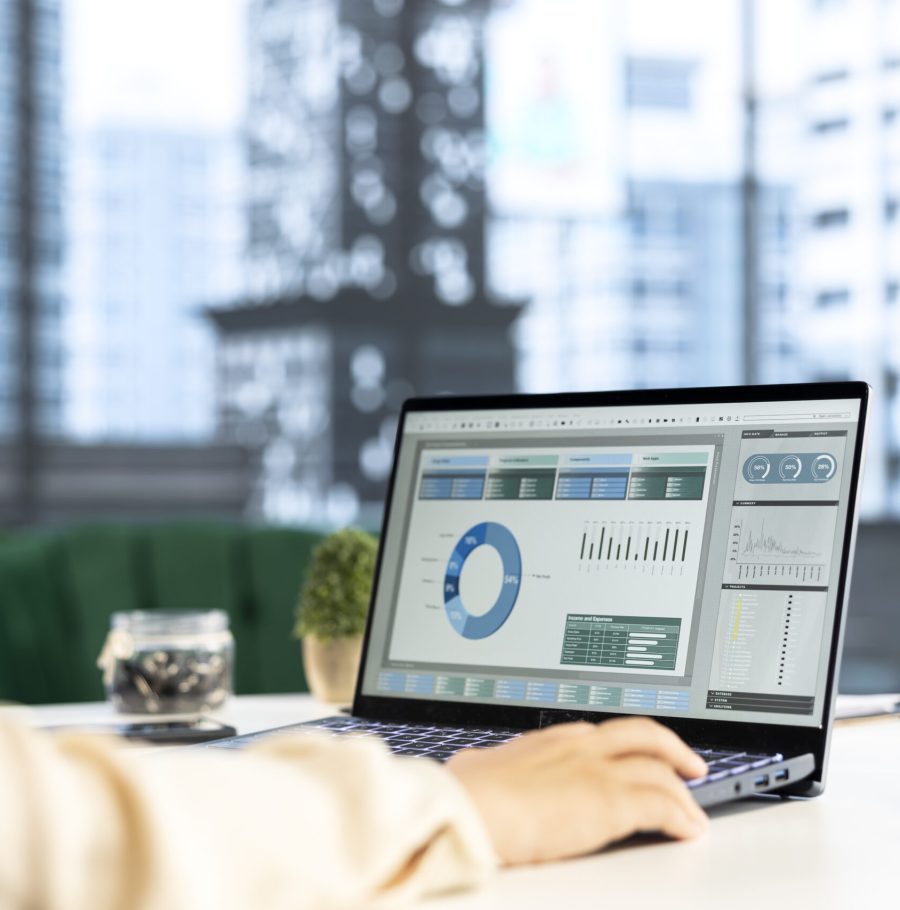 Business leader and trader searching for a new investment solution, examining trading risks and opportunities for company development. Female CEO planning finances and doing research.